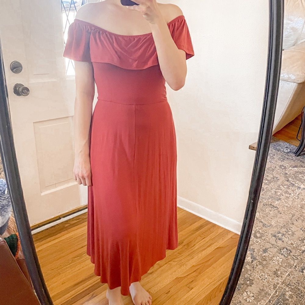 Reformation Off The Shoulder Midi Dress in Red Orange